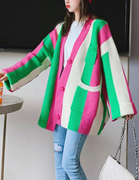 Unilexi Womens Loose Long Sleeve Rainbow Striped Cardigans Sweater Boho Color Block Chunky Knitted Tops - 7DAY'S