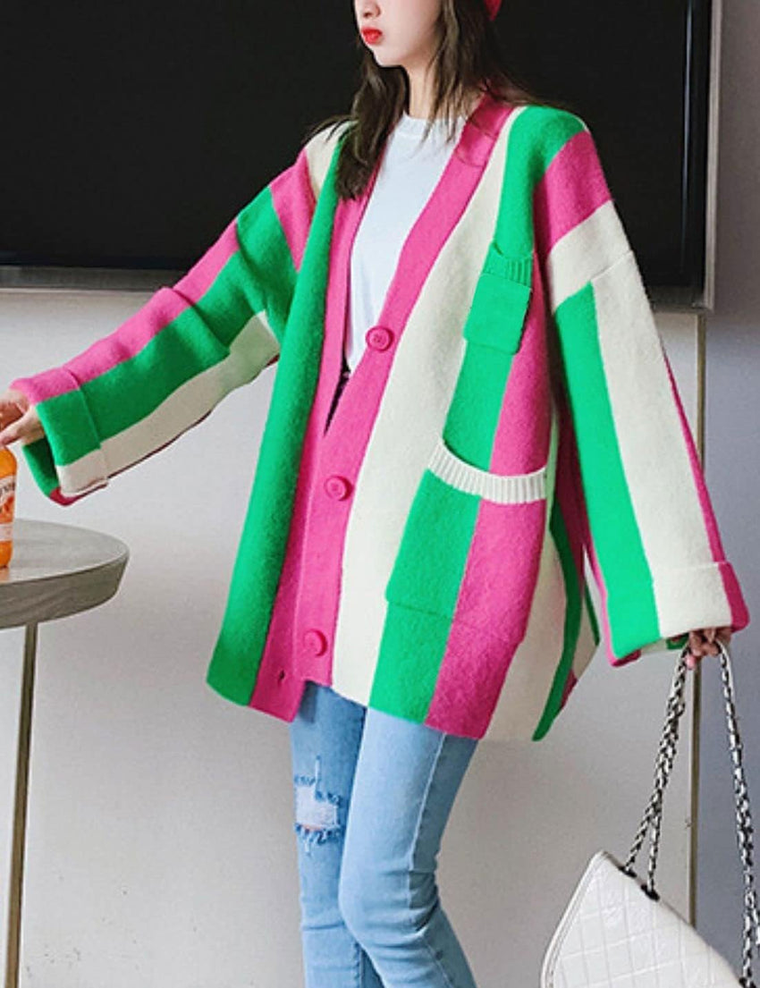 Unilexi Womens Loose Long Sleeve Rainbow Striped Cardigans Sweater Boho Color Block Chunky Knitted Tops - 7DAY'S