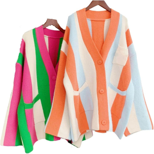 Unilexi Womens Loose Long Sleeve Rainbow Striped Cardigans Sweater Boho Color Block Chunky Knitted Tops - 7DAY'S