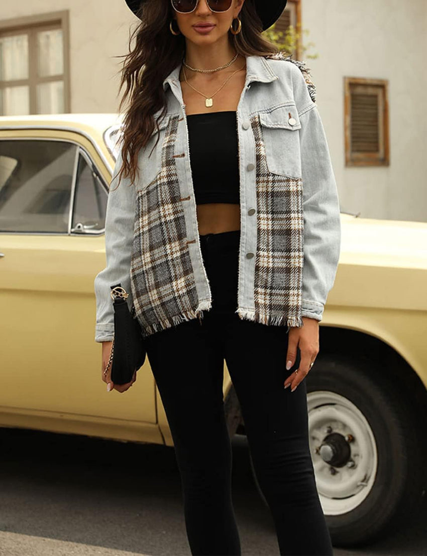 Unilexi Womens Loose Paneled Plaid Denim Jacket Long Sleeve Raw Hem Jean Shacket - 7DAY'S