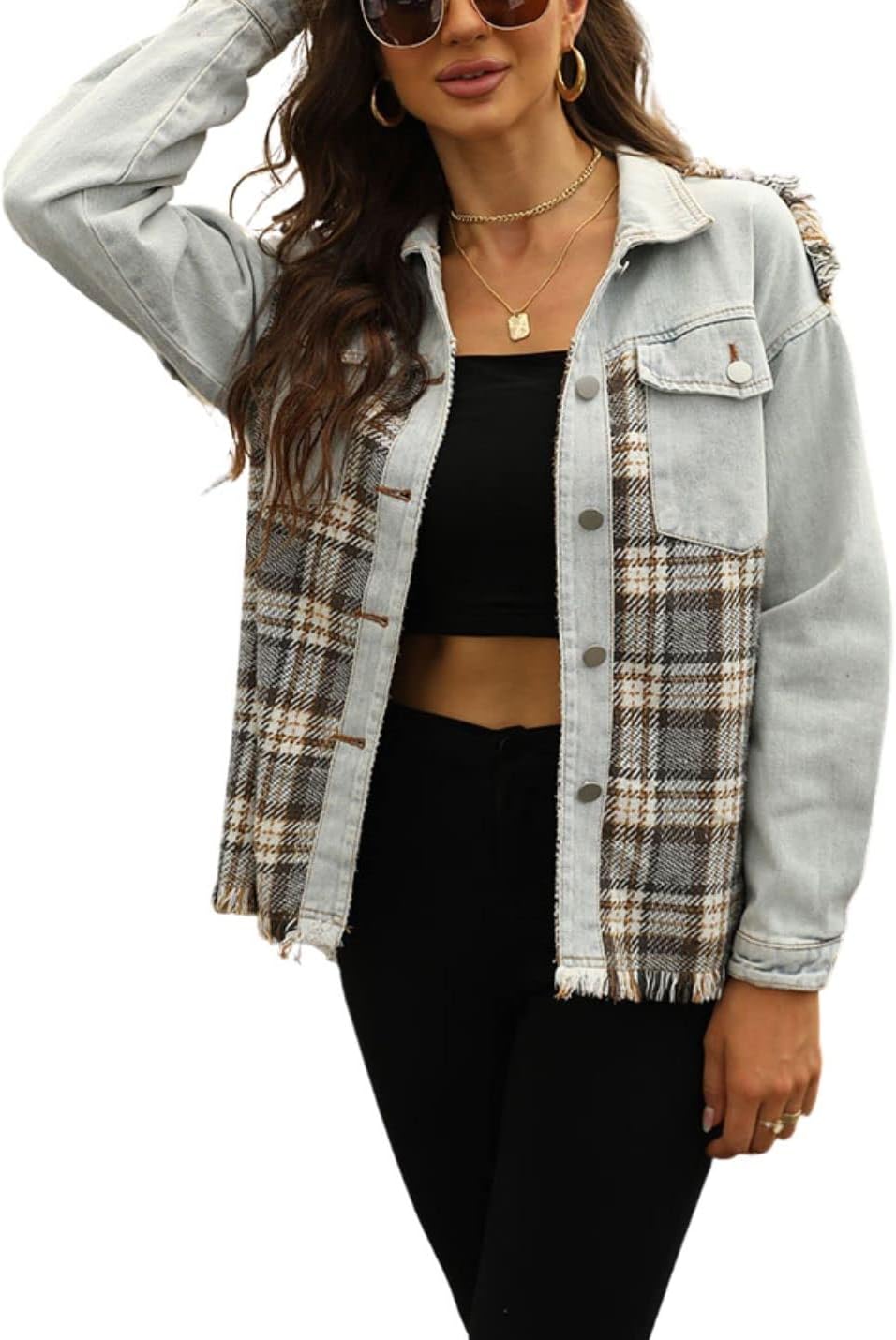Unilexi Womens Loose Paneled Plaid Denim Jacket Long Sleeve Raw Hem Jean Shacket - 7DAY'S
