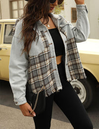 Unilexi Womens Loose Paneled Plaid Denim Jacket Long Sleeve Raw Hem Jean Shacket - 7DAY'S