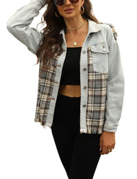 Unilexi Womens Loose Paneled Plaid Denim Jacket Long Sleeve Raw Hem Jean Shacket - 7DAY'S
