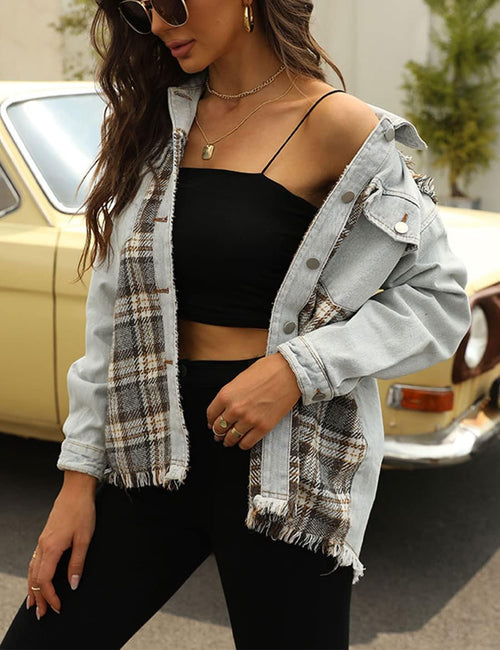 Unilexi Womens Loose Paneled Plaid Denim Jacket Long Sleeve Raw Hem Jean Shacket - 7DAY'S