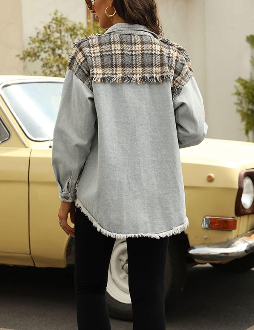 Unilexi Womens Loose Paneled Plaid Denim Jacket Long Sleeve Raw Hem Jean Shacket - 7DAY'S