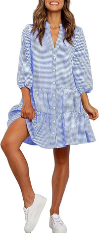 Unilexi Womens Loose Plaid Shirt Dress Button Down V - Neck Trendy Gingham Dress with Tiered Bottom for Women - 7DAY'S