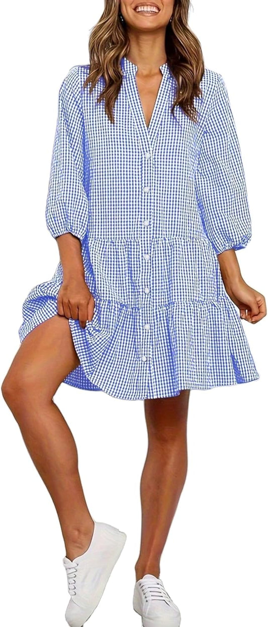 Unilexi Womens Loose Plaid Shirt Dress Button Down V - Neck Trendy Gingham Dress with Tiered Bottom for Women - 7DAY'S
