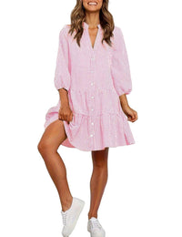 Unilexi Womens Loose Plaid Shirt Dress Button Down V - Neck Trendy Gingham Dress with Tiered Bottom for Women - 7DAY'S