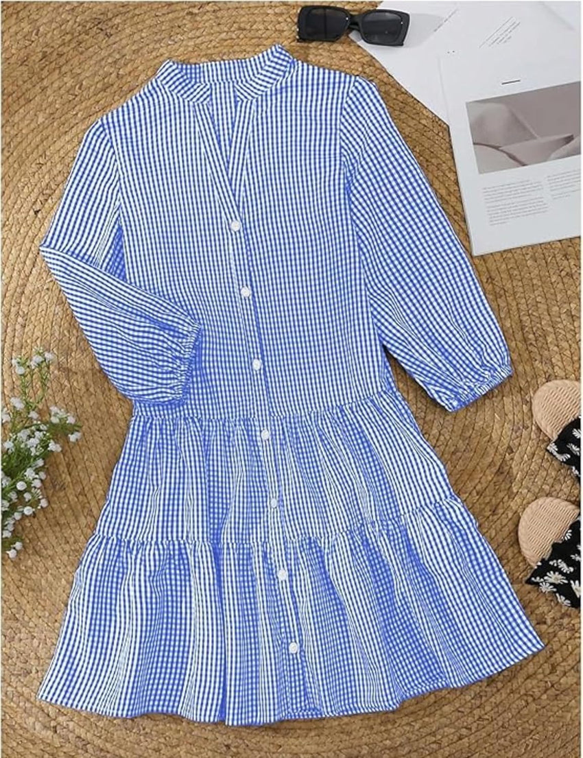 Unilexi Womens Loose Plaid Shirt Dress Button Down V - Neck Trendy Gingham Dress with Tiered Bottom for Women - 7DAY'S