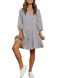 Unilexi Womens Loose Plaid Shirt Dress Button Down V - Neck Trendy Gingham Dress with Tiered Bottom for Women - 7DAY'S