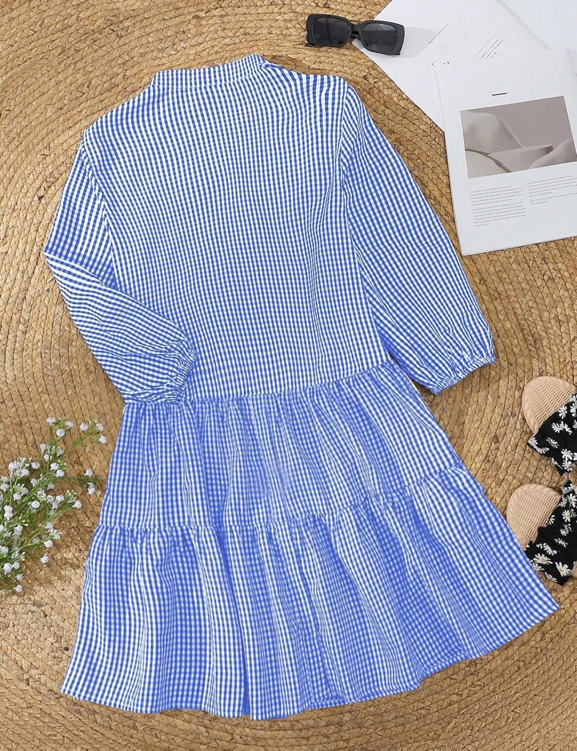 Unilexi Womens Loose Plaid Shirt Dress Button Down V - Neck Trendy Gingham Dress with Tiered Bottom for Women - 7DAY'S