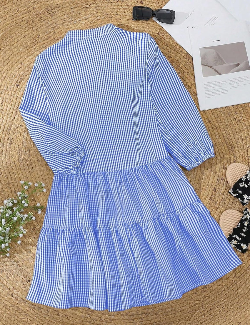 Unilexi Womens Loose Plaid Shirt Dress Button Down V - Neck Trendy Gingham Dress with Tiered Bottom for Women - 7DAY'S