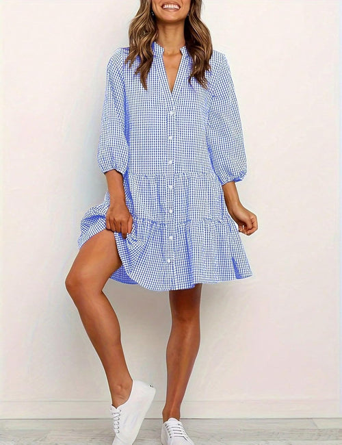 Unilexi Womens Loose Plaid Shirt Dress Button Down V - Neck Trendy Gingham Dress with Tiered Bottom for Women - 7DAY'S