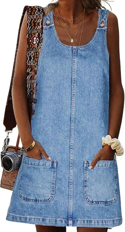 Unilexi Women’s Loose Summer Sexy Denim Skirt Casual Sleeveless Jean Overall Dresses with Pockets - 7DAY'S