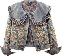 Unilexi Womens Peter pan Collar Embroidered Jean Jackets Long Sleeve Jacquard Versatile Denim Jackets - 7DAY'S