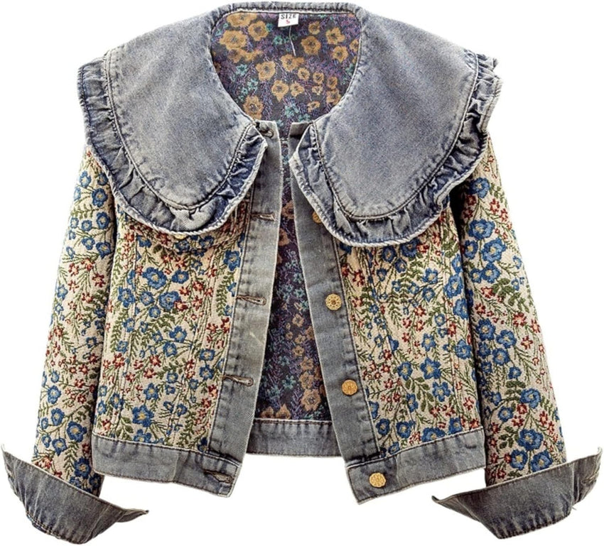 Unilexi Womens Peter pan Collar Embroidered Jean Jackets Long Sleeve Jacquard Versatile Denim Jackets - 7DAY'S