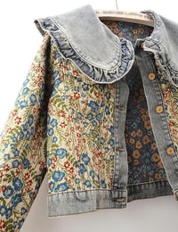 Unilexi Womens Peter pan Collar Embroidered Jean Jackets Long Sleeve Jacquard Versatile Denim Jackets - 7DAY'S