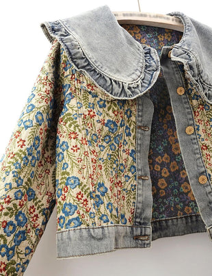 Unilexi Womens Peter pan Collar Embroidered Jean Jackets Long Sleeve Jacquard Versatile Denim Jackets - 7DAY'S