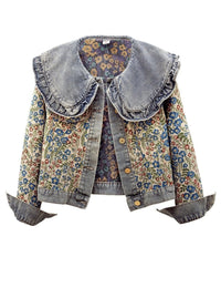 Unilexi Womens Peter pan Collar Embroidered Jean Jackets Long Sleeve Jacquard Versatile Denim Jackets - 7DAY'S