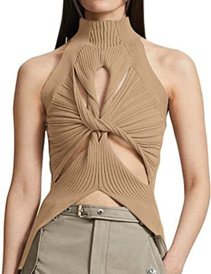 Unilexi Women’s Sleeveless High Neck Cut Out Sweater Vest Sexy Cutout Twist Knot Front Split Knit Tank Tops - 7DAY'S