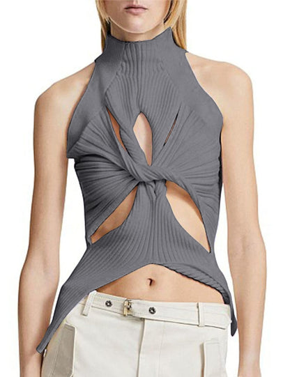 Unilexi Women’s Sleeveless High Neck Cut Out Sweater Vest Sexy Cutout Twist Knot Front Split Knit Tank Tops - 7DAY'S
