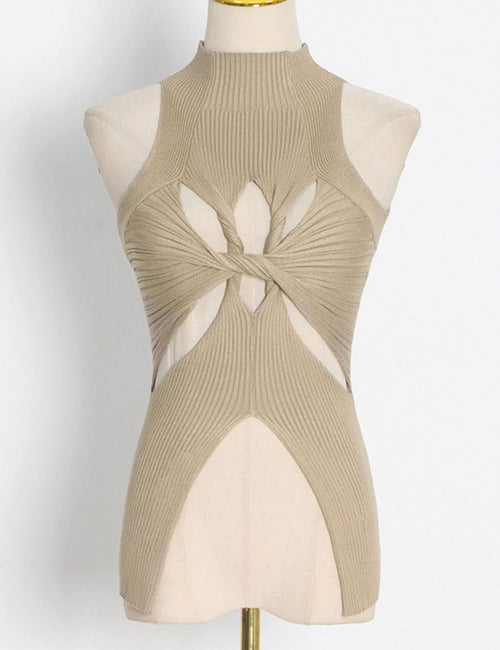 Unilexi Women’s Sleeveless High Neck Cut Out Sweater Vest Sexy Cutout Twist Knot Front Split Knit Tank Tops - 7DAY'S