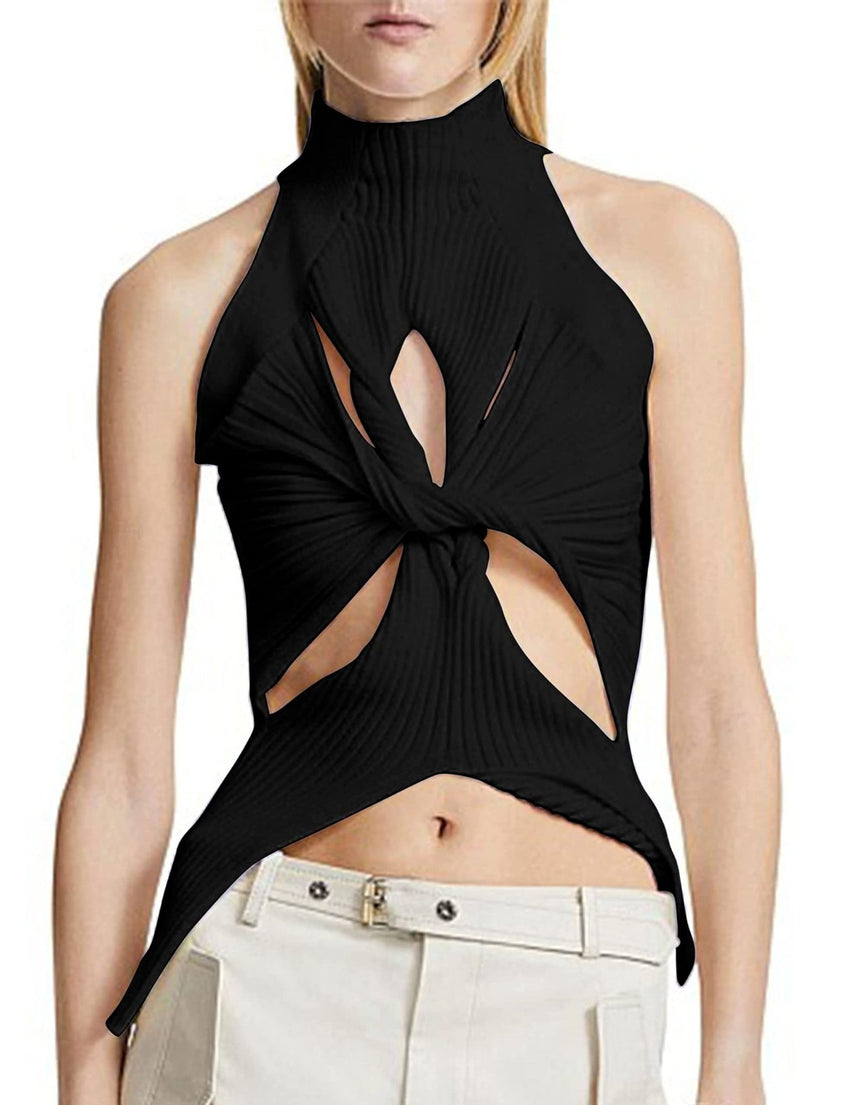 Unilexi Women’s Sleeveless High Neck Cut Out Sweater Vest Sexy Cutout Twist Knot Front Split Knit Tank Tops - 7DAY'S