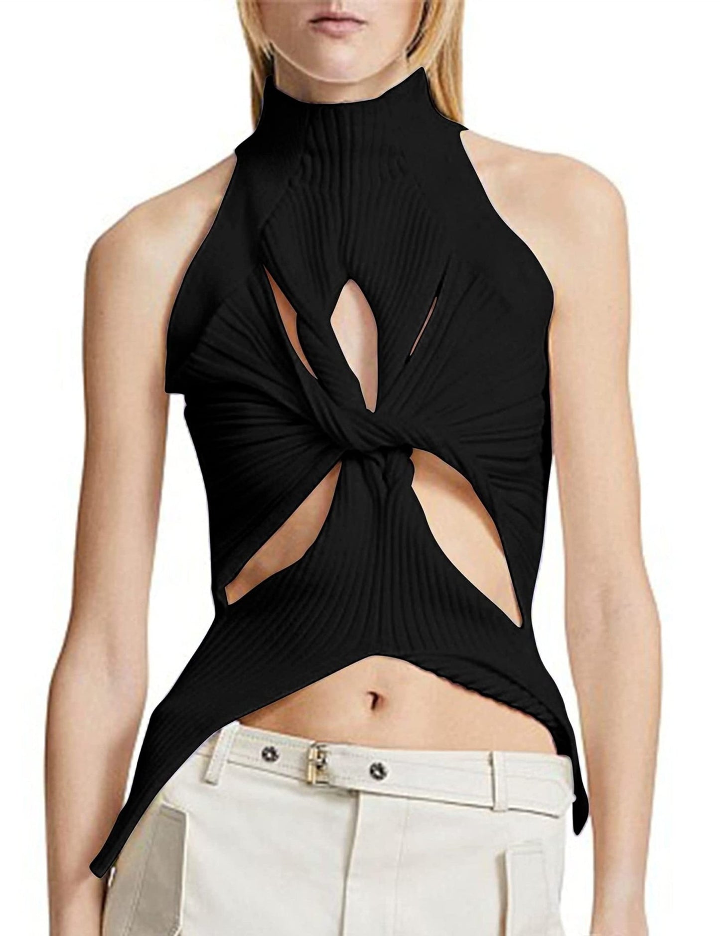Unilexi Women’s Sleeveless High Neck Cut Out Sweater Vest Sexy Cutout Twist Knot Front Split Knit Tank Tops - 7DAY'S