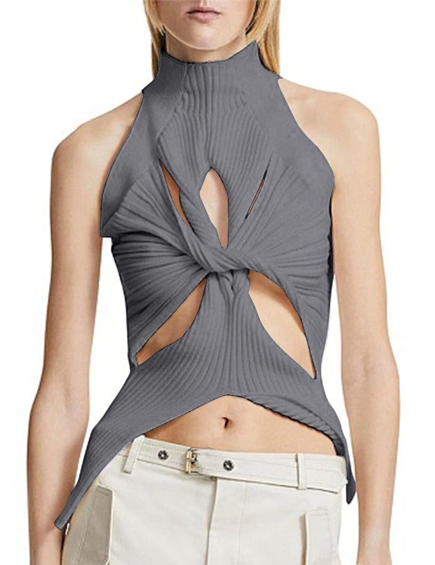 Unilexi Women’s Sleeveless High Neck Cut Out Sweater Vest Sexy Cutout Twist Knot Front Split Knit Tank Tops - 7DAY'S