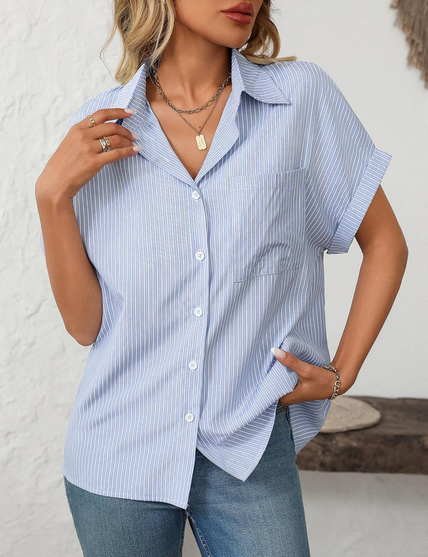 Unilexi Womens Striped Button Down Shirts Short Sleeve Business Casual Tops for Women(S - XXL) - 7DAY'S