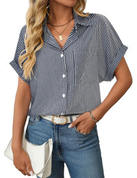 Unilexi Womens Striped Button Down Shirts Short Sleeve Business Casual Tops for Women(S - XXL) - 7DAY'S