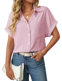 Unilexi Womens Striped Button Down Shirts Short Sleeve Business Casual Tops for Women(S - XXL) - 7DAY'S