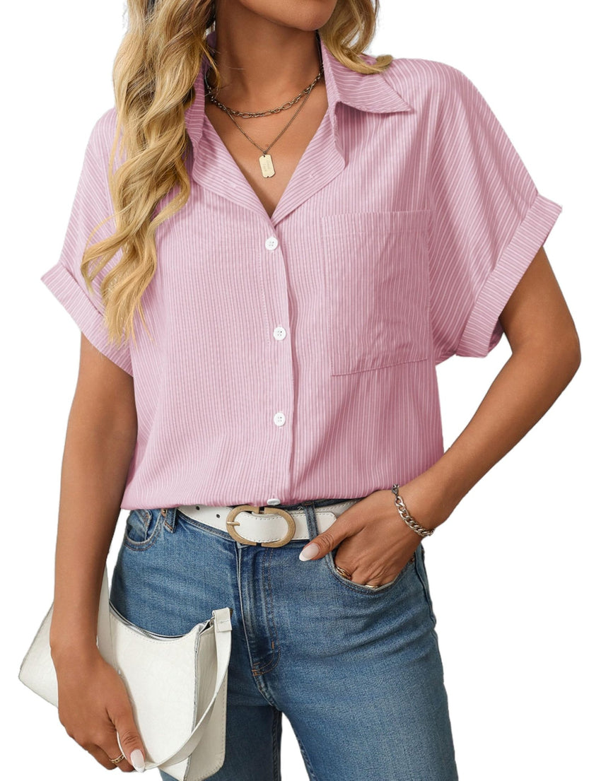 Unilexi Womens Striped Button Down Shirts Short Sleeve Business Casual Tops for Women(S - XXL) - 7DAY'S