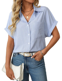 Unilexi Womens Striped Button Down Shirts Short Sleeve Business Casual Tops for Women(S - XXL) - 7DAY'S
