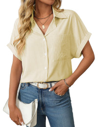 Unilexi Womens Striped Button Down Shirts Short Sleeve Business Casual Tops for Women(S - XXL) - 7DAY'S
