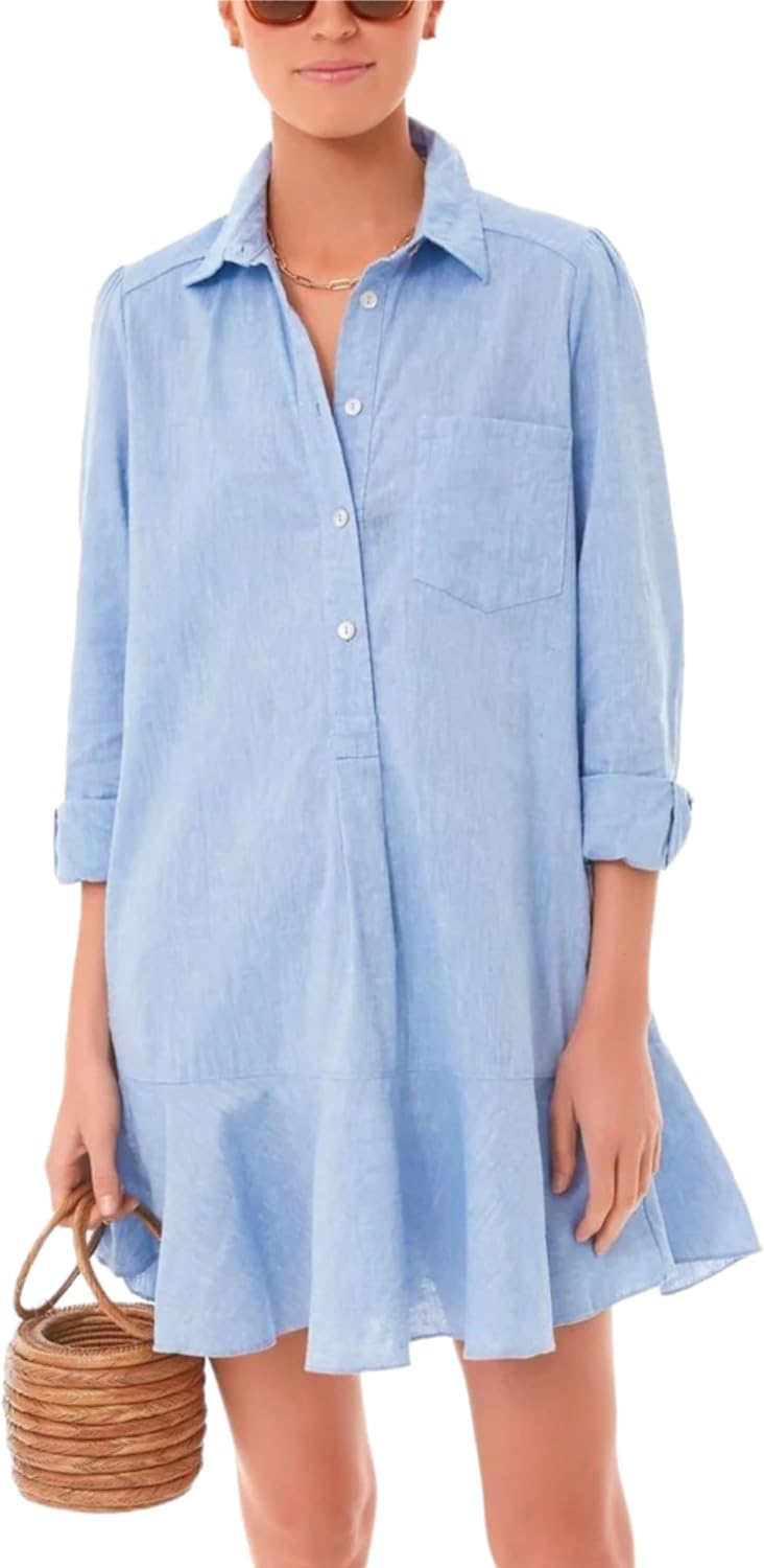 Unilexi Womens Trendy Collared Long Sleeve Shirt Dress Mini Shift Tunic Dress Ruffle Hem Blouses with Pockets - 7DAY'S