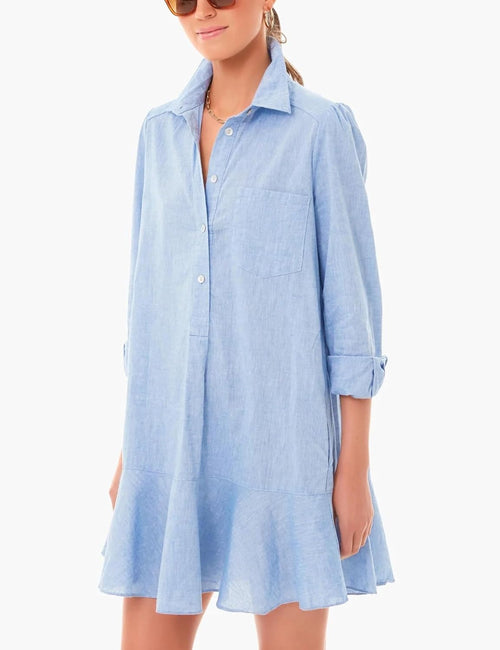 Unilexi Womens Trendy Collared Long Sleeve Shirt Dress Mini Shift Tunic Dress Ruffle Hem Blouses with Pockets - 7DAY'S