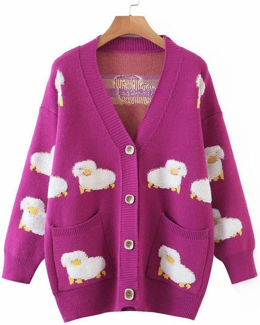 Unilexi Women's V Neck Button Long Sleeve Sweater Cartoon Sheep Cute Knitted Cardigan Coat with Pockets - 7DAY'S