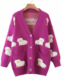 Unilexi Women's V Neck Button Long Sleeve Sweater Cartoon Sheep Cute Knitted Cardigan Coat with Pockets - 7DAY'S