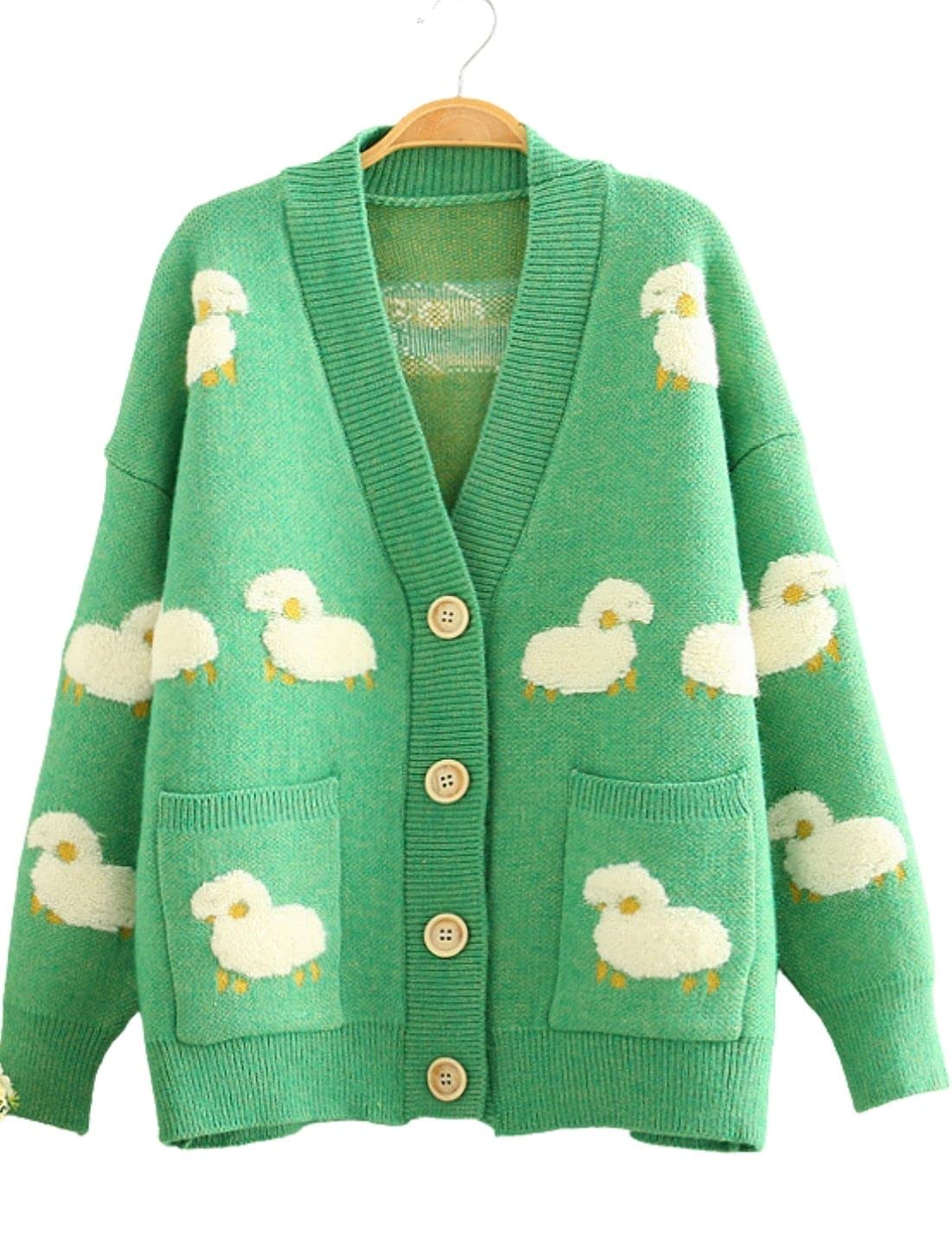 Unilexi Women's V Neck Button Long Sleeve Sweater Cartoon Sheep Cute Knitted Cardigan Coat with Pockets - 7DAY'S