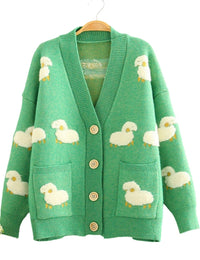 Unilexi Women's V Neck Button Long Sleeve Sweater Cartoon Sheep Cute Knitted Cardigan Coat with Pockets - 7DAY'S