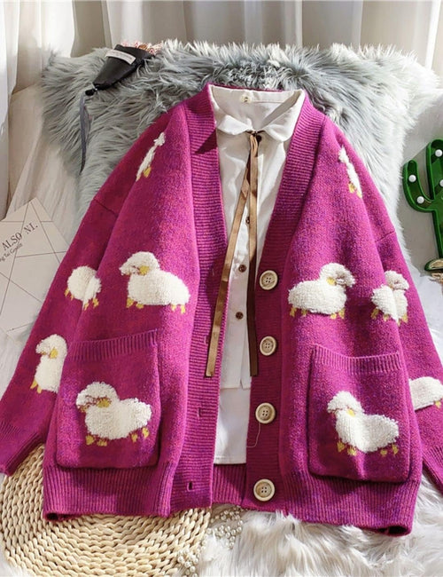 Unilexi Women's V Neck Button Long Sleeve Sweater Cartoon Sheep Cute Knitted Cardigan Coat with Pockets - 7DAY'S