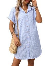Unilexi Womens V - Neck Mini Shirt Dress Casual Button Down Short Sleeve Sundress for Women - 7DAY'S