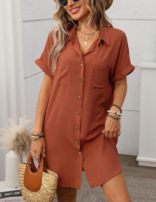 Unilexi Womens V - Neck Mini Shirt Dress Casual Button Down Short Sleeve Sundress for Women - 7DAY'S