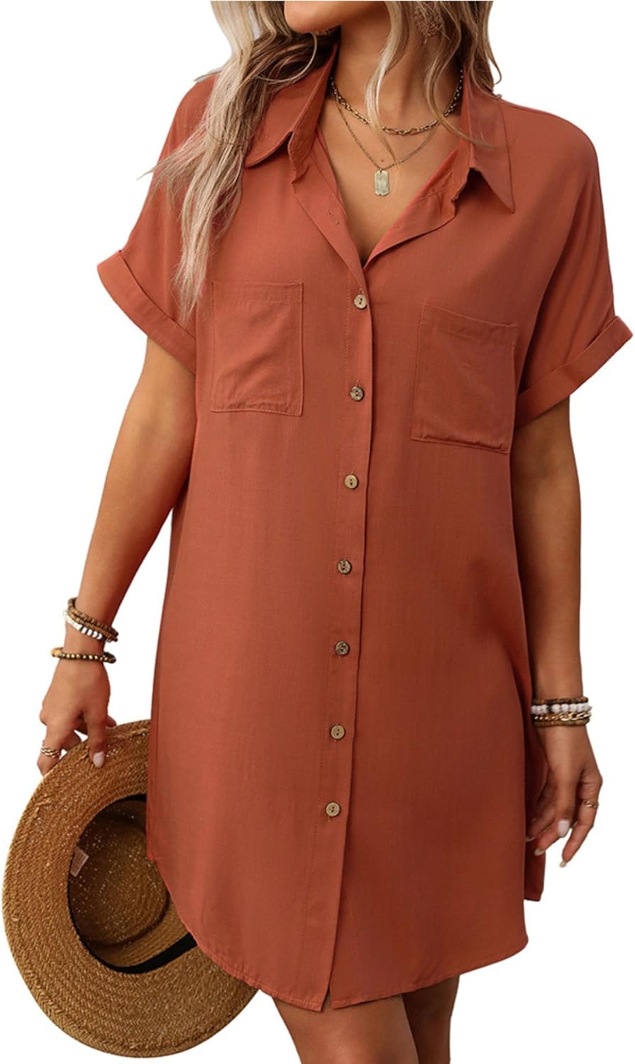 Unilexi Womens V - Neck Mini Shirt Dress Casual Button Down Short Sleeve Sundress for Women - 7DAY'S