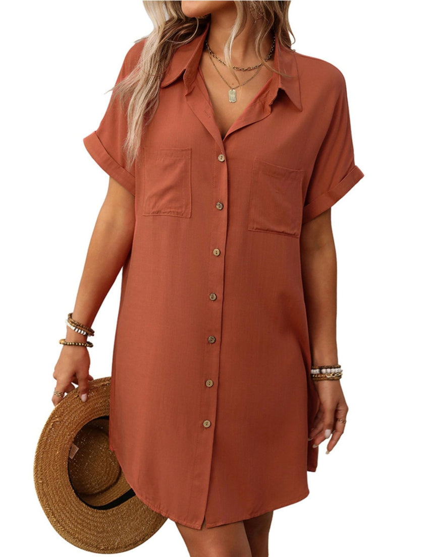 Unilexi Womens V - Neck Mini Shirt Dress Casual Button Down Short Sleeve Sundress for Women - 7DAY'S