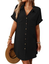 Unilexi Womens V - Neck Mini Shirt Dress Casual Button Down Short Sleeve Sundress for Women - 7DAY'S