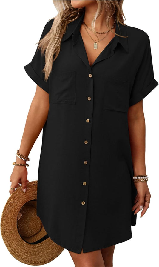 Unilexi Womens V - Neck Mini Shirt Dress Casual Button Down Short Sleeve Sundress for Women(0294 - Black - L) - 7DAY'S