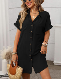 Unilexi Womens V - Neck Mini Shirt Dress Casual Button Down Short Sleeve Sundress for Women(0294 - Black - L) - 7DAY'S