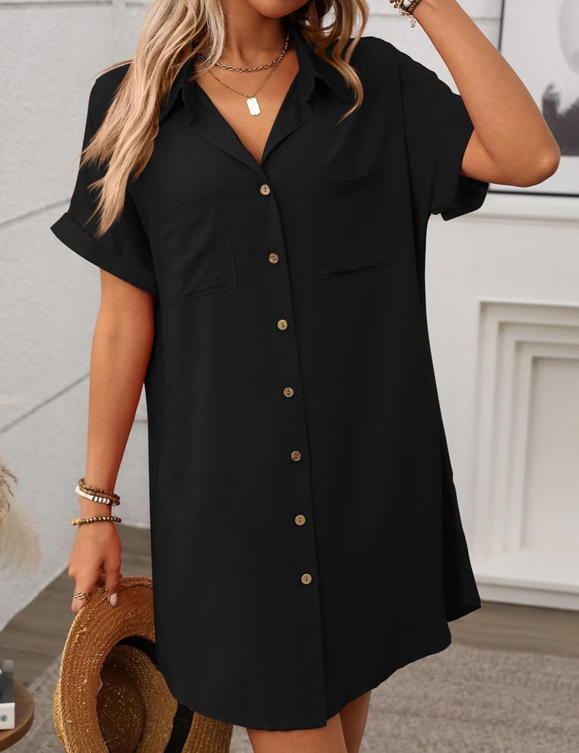 Unilexi Womens V - Neck Mini Shirt Dress Casual Button Down Short Sleeve Sundress for Women(0294 - Black - L) - 7DAY'S